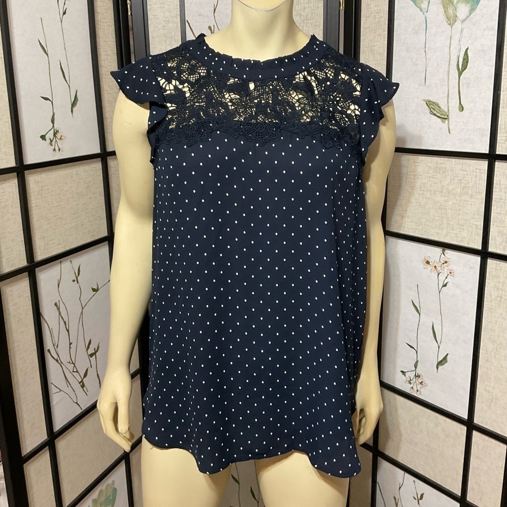 Loft Navy & White Polka Dot Top with Lace Yoke Size L